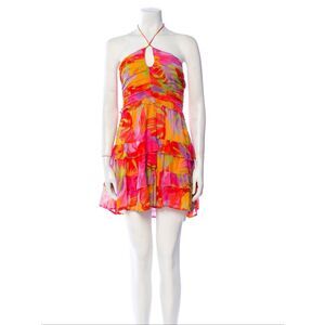 Farm Rio Colorful leaves halter ruffle tiered dress beaded tie XS EX cond